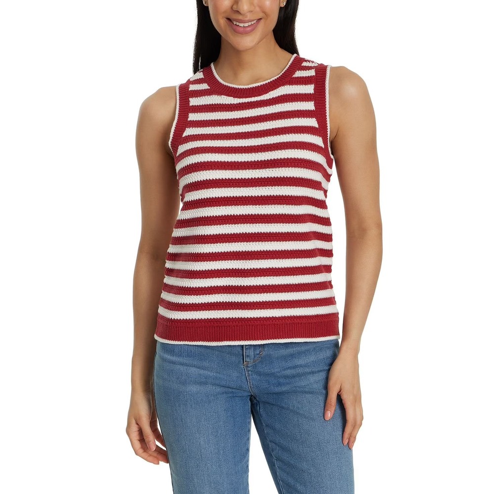 Nine West Women's Crochet Striped Sweater Tank Top Red XL NWT